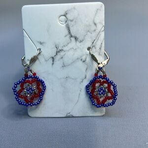 Handmade Alaska Native Beaded earrings red blue (A-94)